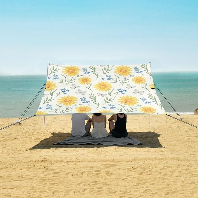 xigua Daisy Beach Tent Sun Shelter with Carrying Bag - Silver Coated Oxford Fabric Beach Canopy for Beach Camping Fishing - Includes Windproof Ropes Sandbags &amp Stakes