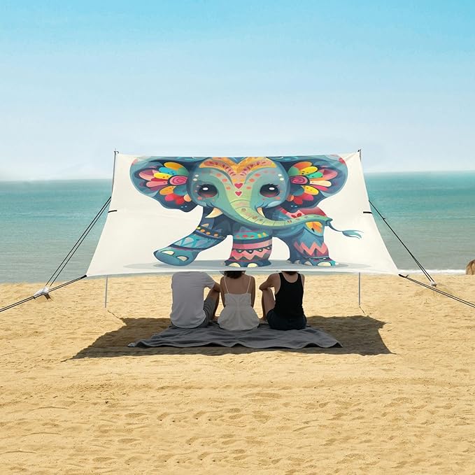ALAZA Cute Elephant Boho Beach Tent Sun Shelter UPF50+ Protection Beach Shade Canopy w/ 4 Sandbags for Outdoor Camping Fishing Backyard Fun Picnic 10x9 ft