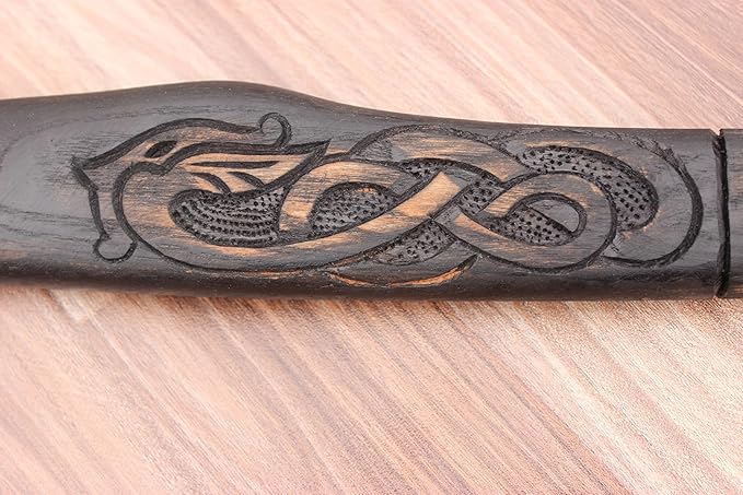 Handmade Wooden Axe with Intricate Carvings On Wooden Handle and Metal Head 19 inches The Axe Handle is When You Hold It