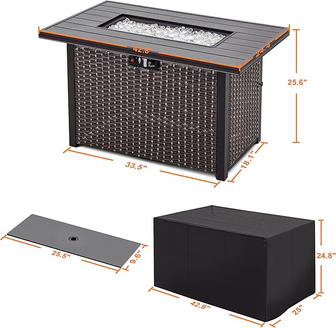 Nuu Garden 43 Propane Fire Pit Table 50000 BTU CSA Certified Outdoor Gas Fire Pit with Aluminum Tabletop Removable Lid 7 lbs Glass Rocks &amp Waterproof Oxford Cover Brown