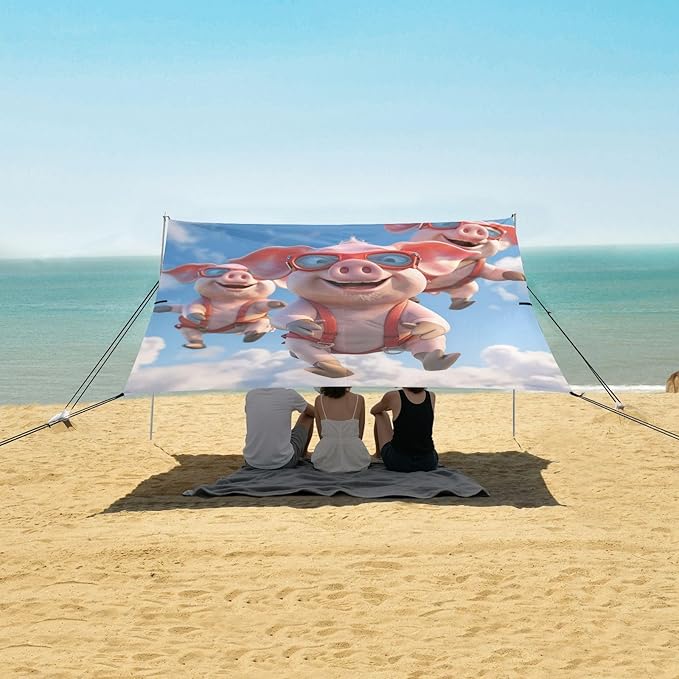 ALAZA Three Funny Sky Flying Piggies 3D Illustrat Beach Tent Sun Shelter Portable Canopy Sunshade for Outdoor Camping Picnics Backyard Fun 10x9 ft