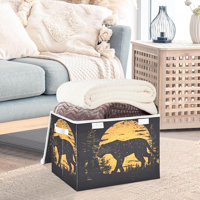 Storage Cube with Lid Silhouettes Leopard Print 16.5×12.6×11.8 IN Collapsible Large Capacity Foldable Storage Basket Bin Organizer
