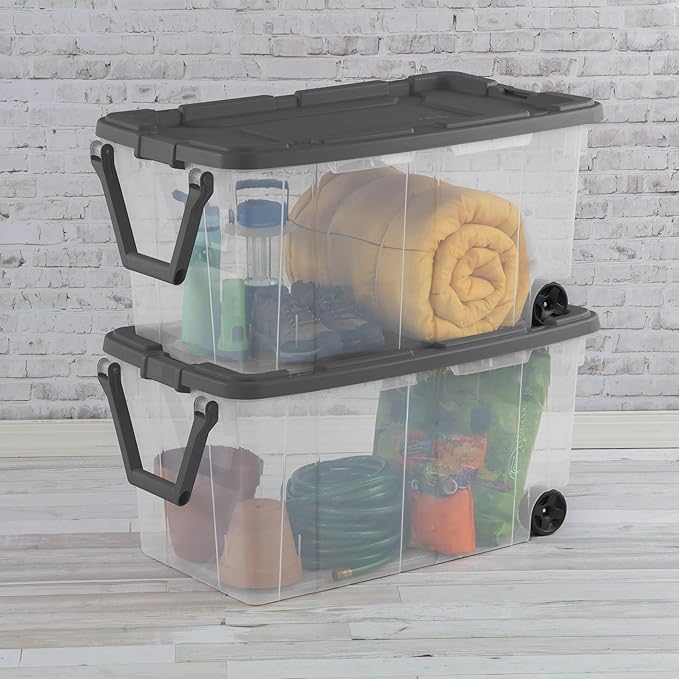 Heavy-Duty Storage Container with Wheels 160 Quart Large Plastic Organizer Bin Stackable Weather-Resistant Tote with Drip-Resistant Lid 36.75 x 21.38 x 18 Inch