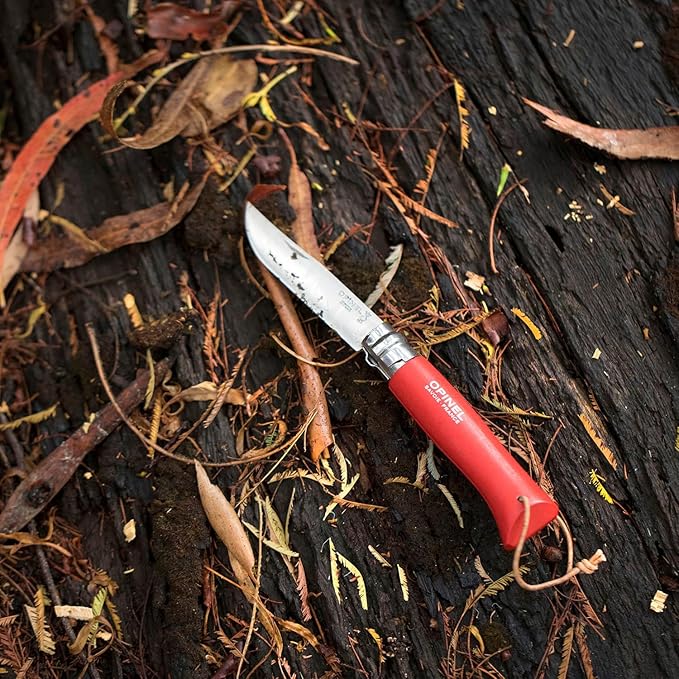 Opinel Colorama Series No. 8 - Stainless Steel Everyday Carry Folding Pocket Knife with Leather Strap Painted Hornbeam Handles