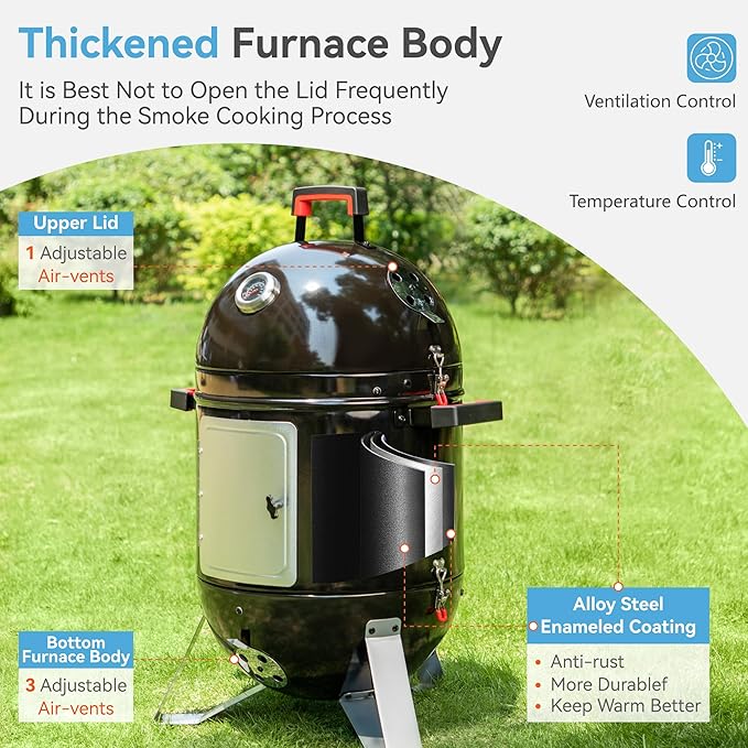 GREEN PARTY 18 Vertical Charcoal Smoker Grill Bullet Water Smoker Barbeque Grill Outdoor BBQ Smokers Portable Meat Smoker Grill for Deck Patio Backyard Balcony Parties