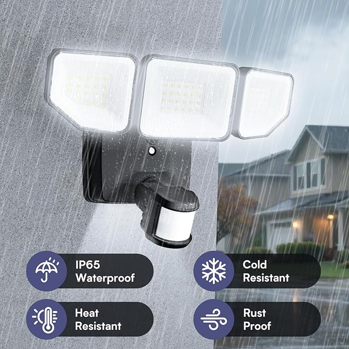 65W 6500LM Flood Lights Outdoor Motion Sensor with Night Light Hardwired Security Floodlights 6500K IP65 Waterproof Dusk to Dawn Lighting Outside Black 1 Pack