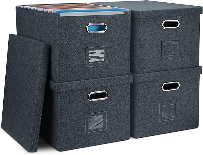 Graciadeco 4-Pack Modern Minimalist Dark Gray Collapsible Linen File Folder Box with Lid for Letter Size Hanging Files Office Organization General Storage
