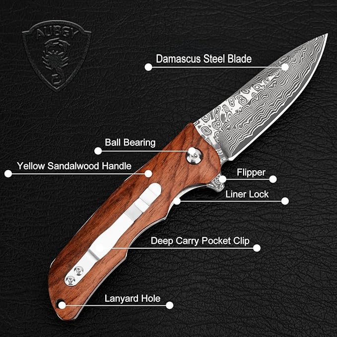 AUBEY Damascus Folding Knife with Wooden Handle