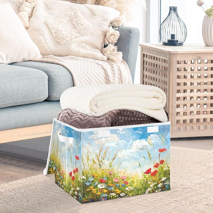 senya Large Storage Bins with Linen Oil Painting Flower Collapsible Foldable Storage Cubes Fabric Closet Organizer Containers Box with Flip-Top Lid for Home Bedroom Office 16.7 x 12.6 x 11.8in