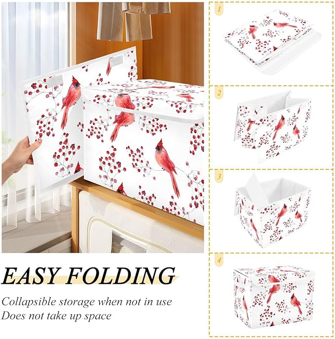 susiyo Large Foldable Storage Bin with Flip-Top Lid Cute Cardinal Birds Storage Box Collapsible Closet Organizer Containers Boxes Decorative Baskets with Handles for Home Bedroom Living Room Office