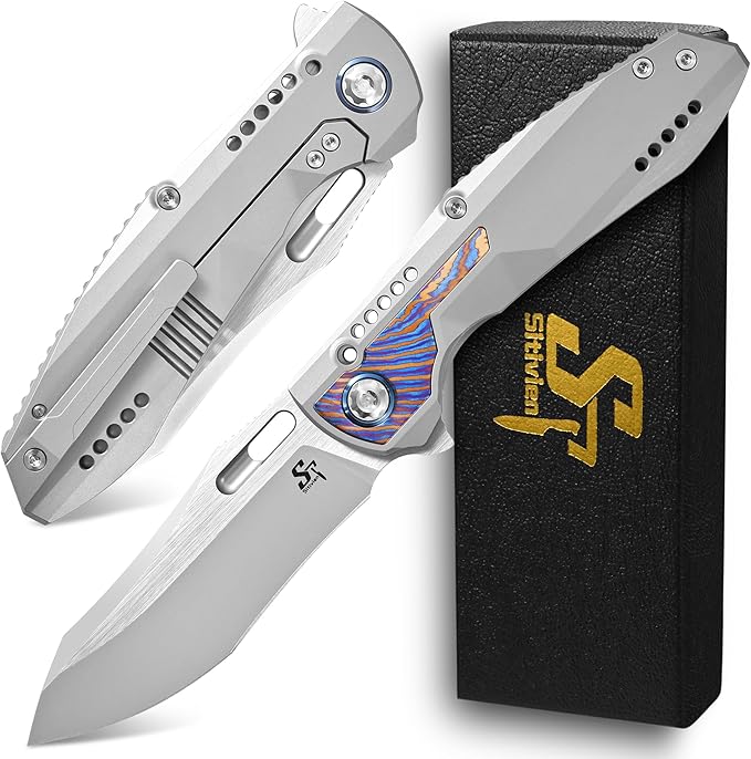 Sitivien ST275 Folding Knife M390 Steel Blade Titanium and Timascus Handle Knife with Safety Lock Frame Lock for Outdoor Camping Hiking Survival