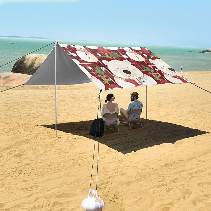 ALAZA Bear Christmas Checkered Beach Tent Sun Shelter UPF50+ Protection Beach Shade Canopy w/ 4 Sandbags for Outdoor Camping Fishing Backyard Fun Picnic 10x9 ft