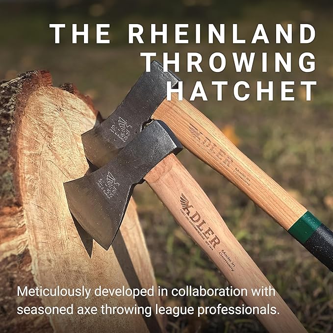 Adler Rheinland Throwing Hatchet – League Compliant Throwing Axe 1.95 lb Pro-Balanced Design 15.75 Hickory Handle (Natural) German Made with Sheath and Travel Bag Included (A13)