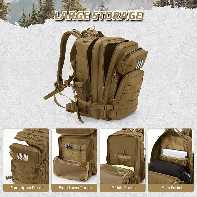 45L Military Tactical Backpack For Men and Women Molle Daypack 3 Day Bug Out Bag Hiking Gym Backpack Rucksack With Bottle Holder Khaki