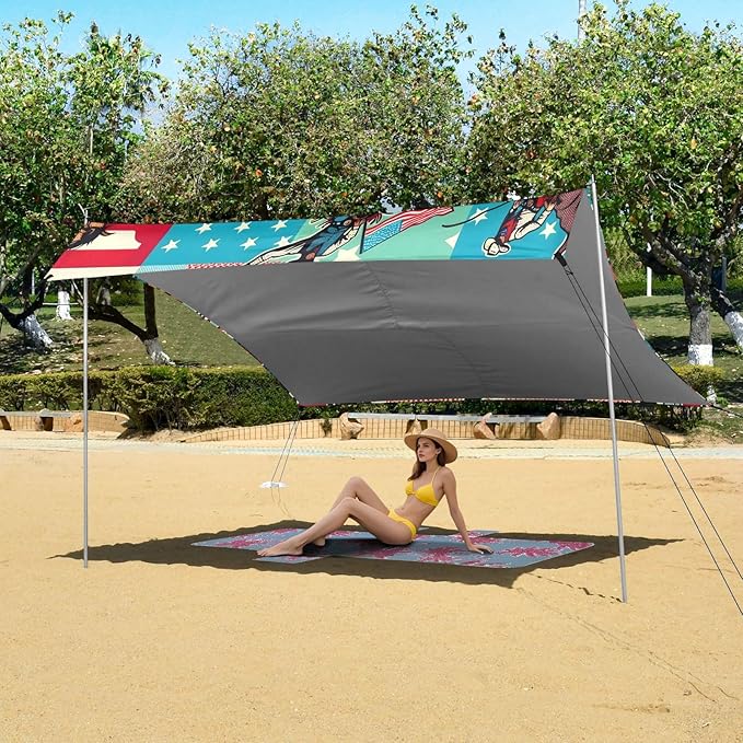 Cartoon American Cowboys Beach Tent Sun Shelter Set UPF50+ UV Protection 10.5 x 9.19 FT Camping Shade Canopy with Sandbags Sand Anchors Carrying Bag and Others