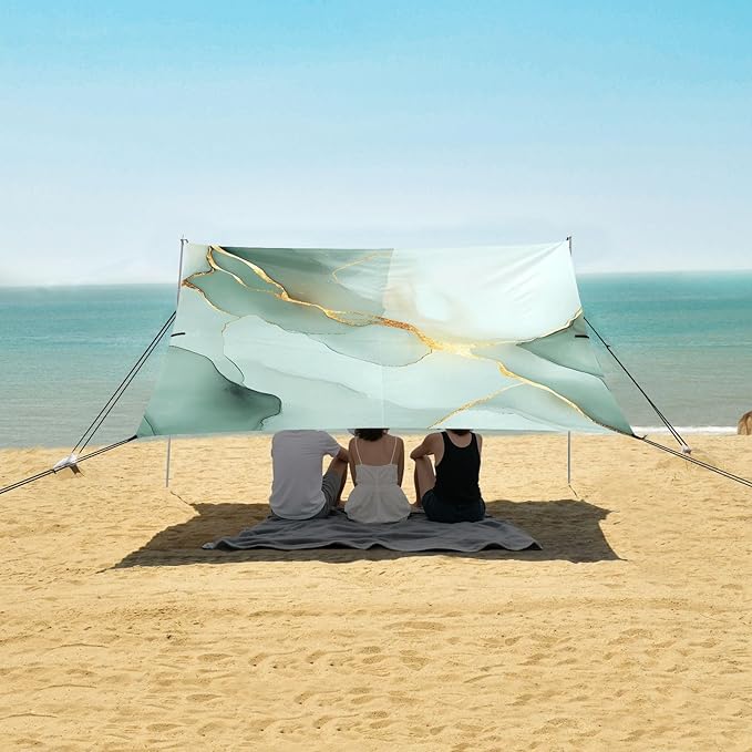 Marble White Green Foldable Beach Cabana UPF50+ Protection Easy Setup Shade Sun Shelter with Sandbags &amp Sand Shovel for Camping Picnics Backyard