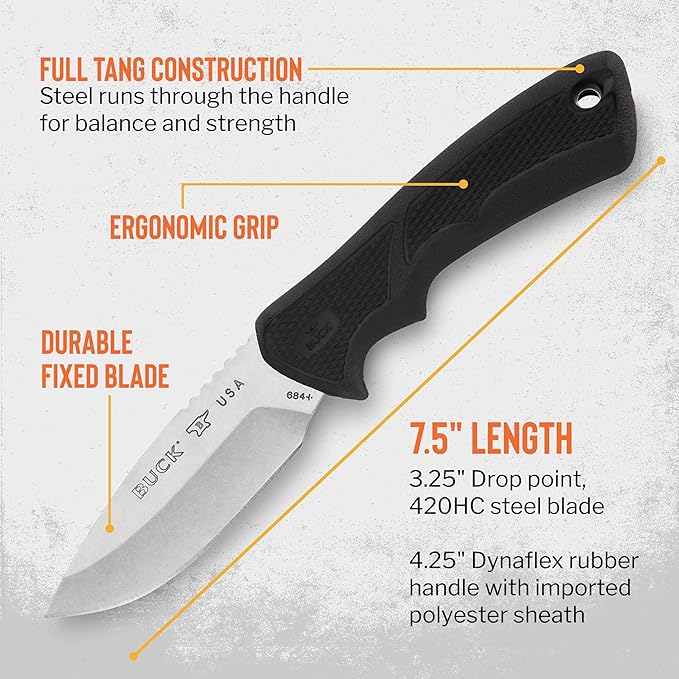 Buck Knives 684 Small BuckLite Max II Hunting Knife 3-1/4 Fixed Blade Dynaflex Rubber Handle 420HC Stainless Steel Drop Point Blade Sheath Included Knife Made in the USA 2.8 oz