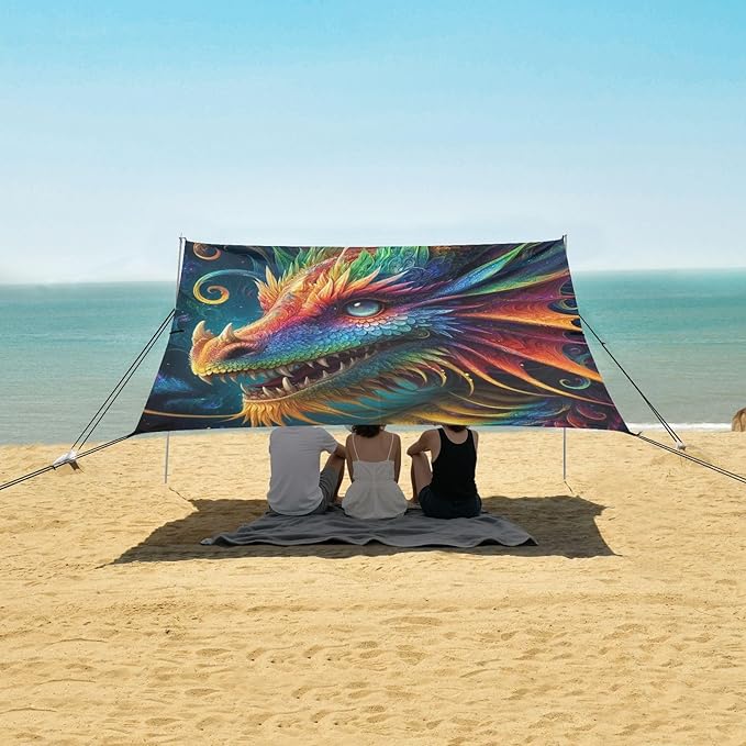 ALAZA Friendly Rainbow Dragon Portrait Beach Tent Sun Shelter UPF50+ Protection Beach Shade Canopy w/ 4 Sandbags for Outdoor Camping Fishing Backyard Fun Picnic 10x9 ft