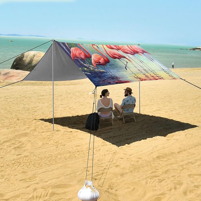 xigua Flamingos Beach Tent Sun Shelter with Carrying Bag - Silver Coated Oxford Fabric Beach Canopy for Beach Camping Fishing - Includes Windproof Ropes Sandbags &amp Stakes