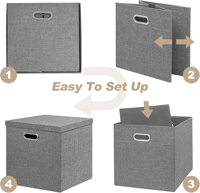 Linen Storage Bins with Lids13 x 13 Inch Foldable Fabric Cube Baskets Boxes Organizer for Closet Shelves and Home. (Gray (13x13) 4 pack)