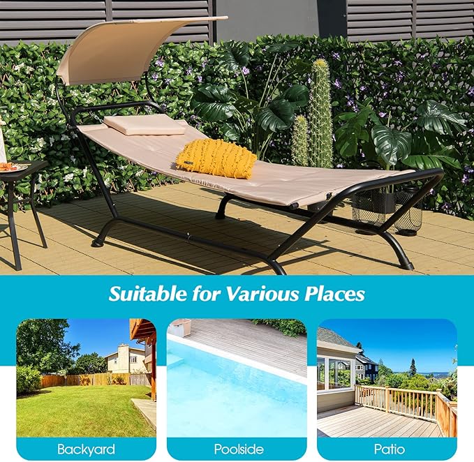 Giantex Hanging Hammock with Stand Patio Hanging Chaise Lounge Chair w/Canopy Cushion Pillow &amp Storage Bag Heavy Duty Swing Hammock Bed for Garden Lawn Backyard Patio Poolside Porch (Beige)