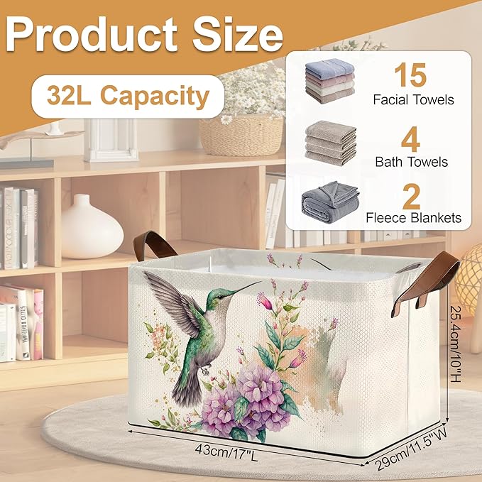 32L Large Storage Bins with Handles Basket Organizer for Shelves Closet Books Laundry &amp Home Decor (Hummingbird Flower)