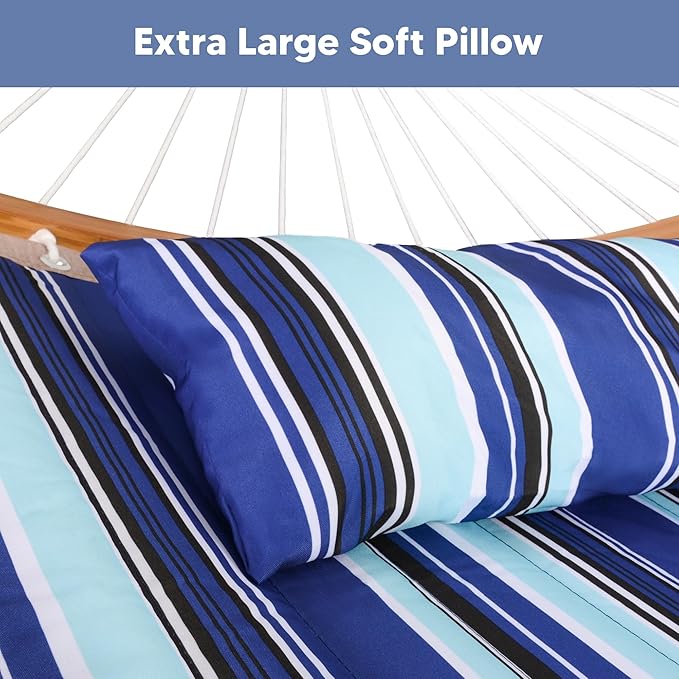 SUNCREAT Double Hammock with Stand Included Portable Hammock with Stand and Large Pillow Blue Stripes