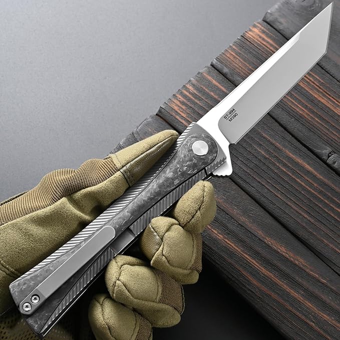 Sitivien ST994 Folding KnifeHandmade M390 Brushed Steel Blade Titanium Carbon Fiber Handle EDC Tool Knife for Outdoor Camping Hiking Survival Working(Gray)