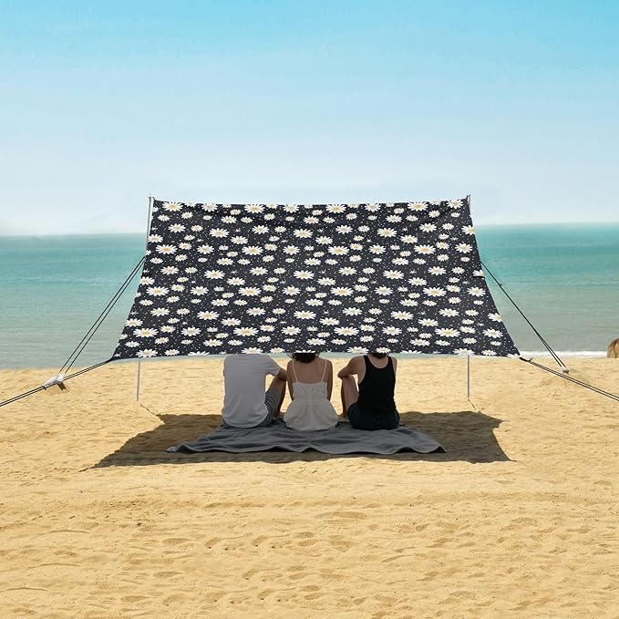 ALAZA Daisy Polka Dots Beach Tent Sun Shelter UPF50+ Protection Beach Shade Canopy w/ 4 Sandbags for Outdoor Camping Fishing Backyard Fun Picnic 10x9 ft
