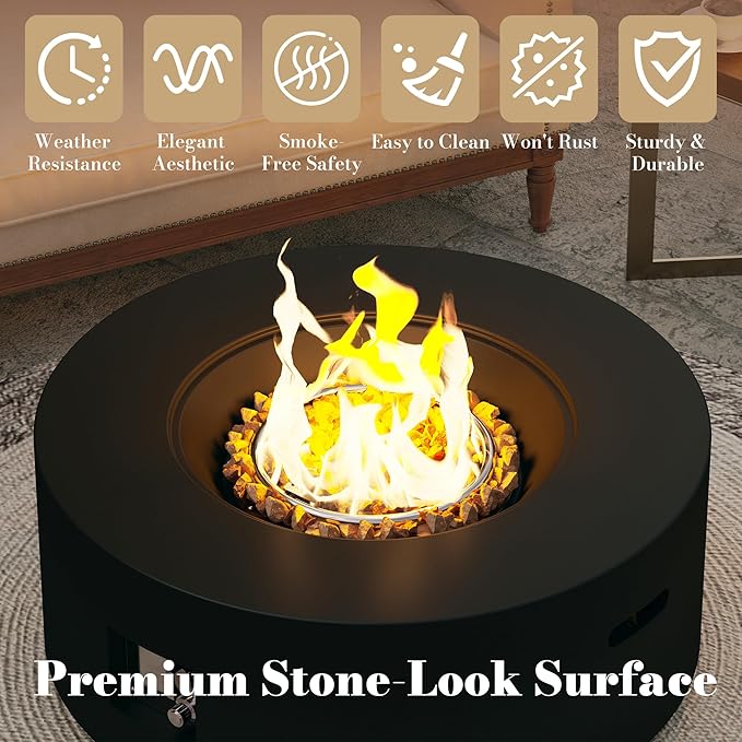 32.5 Inch Propane Fire Pit Table 50000 BTU Round Patio Fire Pit Table Outdoor CSA Certified Stainless Burner with Steel Lid Waterproof Cover &amp Lava Rocks for Garden Backyard Black