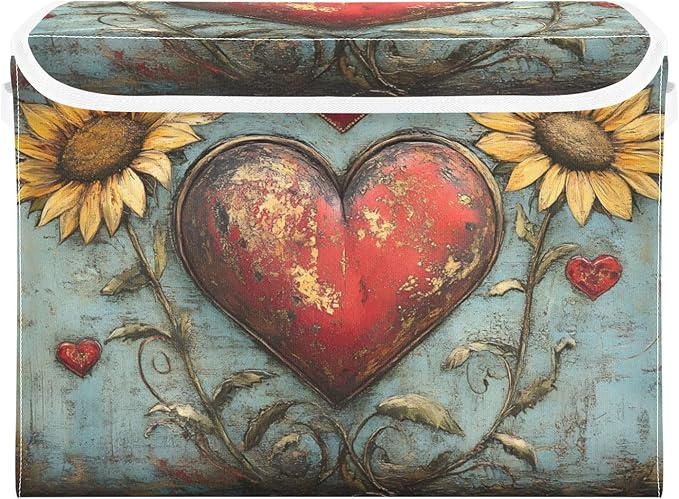 AIXIWAWA Lidded Storage Cube (Vintage Heart Valentine) Fabric Foldable Closet Bins with Flip Lid and Handles Organizer Basket Container 16.5 x 12.6 x 11.8 IN