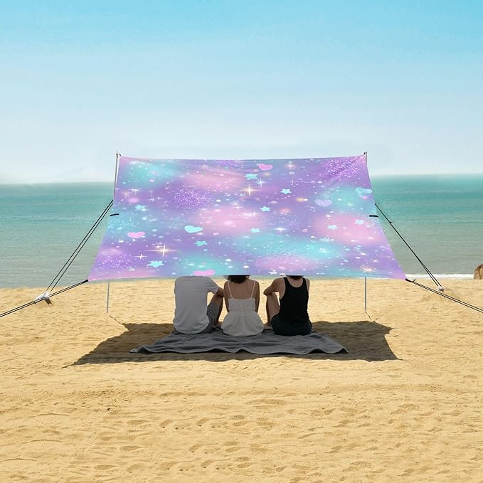 ALAZA Rrainbow Love Hearts Stars Beach Tent Sun Shelter UPF50+ Protection Beach Shade Canopy w/ 4 Sandbags for Outdoor Camping Fishing Backyard Fun Picnic 10x9 ft