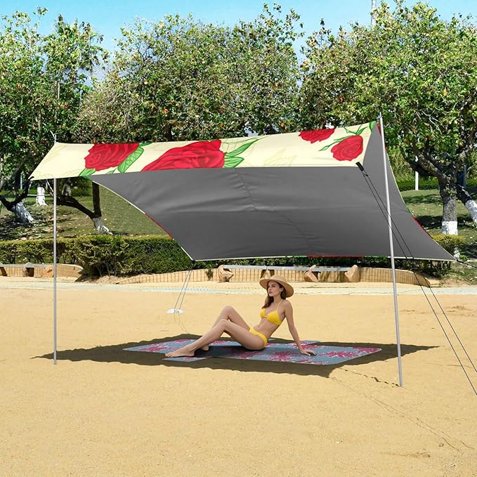 Beach Canopy with Windproof Ropes &amp Sandbags Beach Tent Sun Shade Sun Shelter for Camping Trips Fishing Backyard Fun or Picnics Rose