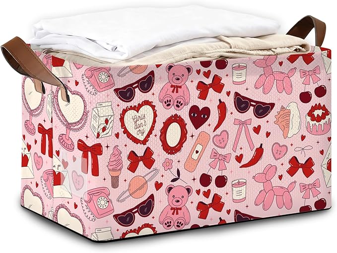 Storage Bin with Handles Pink Bowknot Collapsible Laundry Baskets for Books Laundry - Use in Nursery Closet Organizers and Storage Blanket Basket