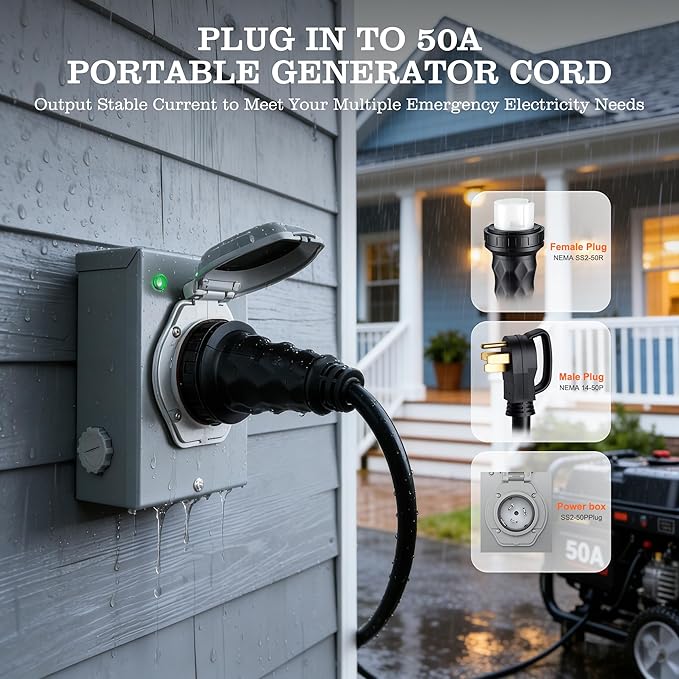 50 Amp Generator Cord &amp Power Inlet Box Kit - Upgrade Heavy Duty Generator Extension Cord STW 6/3+8/1 Gauge NEMA 14-50P/SS2-50R with Twist Lock Connector &amp Pre-Drilled Inlet Box Kit ETL Listed