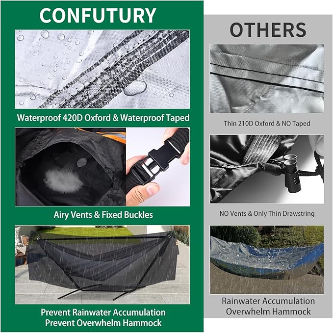 Hammock Covers for Outdoor Waterproof Durable 420D Hammock Cover for 12 ft Hammock Stand Windproof 3 Buckles &amp 1 Elastic Cord Airy VentReflective handleAll Weather Protection Hammock Rain Cov