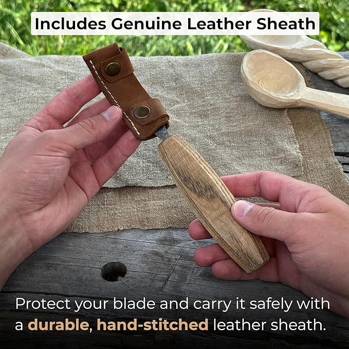 Sharky Spoon Carving Hook Knife with Long Curved Blade 2.7 in (7 cm) – Ergonomic Ash Wood Handle and Protective Leather Sheath for Precise Woodworking and Bowl Carving