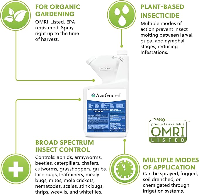 AzaGuard Botanical Insecticide Nematicide Concentrate - 32 oz - OMRI Listed - Organic - EPA Registered. 3 Percent Azadirachtin Formulated Insect Growth Regulator (IGR) - Insect Control