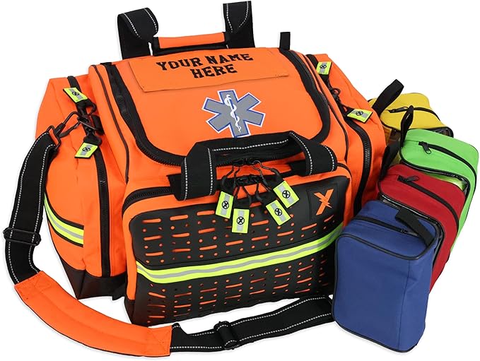 Lightning X Personalized EMT Trauma Bag – Large ALS Medical Bag with 6 Color-Coded Pouches MOLLE Panel Waterproof Bottom Reflective EMS Gear Custom Embroidered Name or Logo | LXMB35