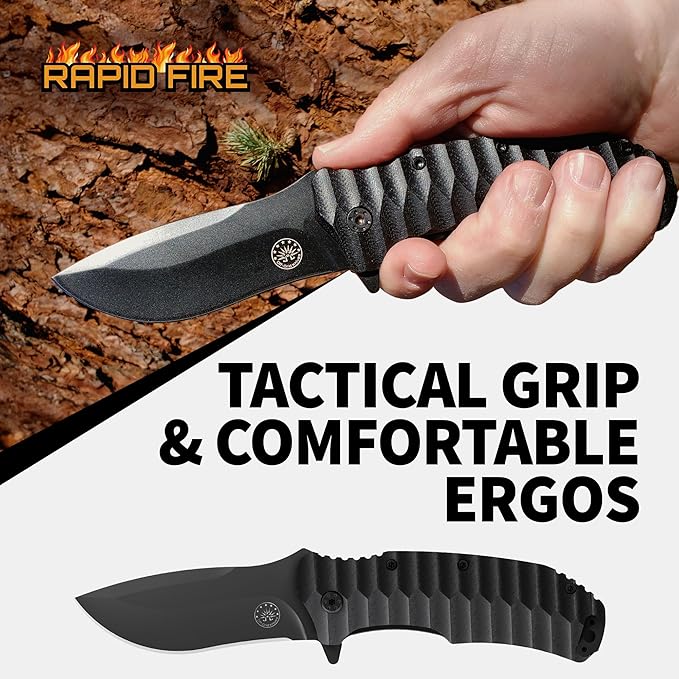 Off-Grid Knives - Rapid Fire Blackout - Large Folding Knife for Camping &amp EDC Cryogenic D2 Blade Steel Titanium Nitride Coating with G10 Scales &amp Deep Carry Clip