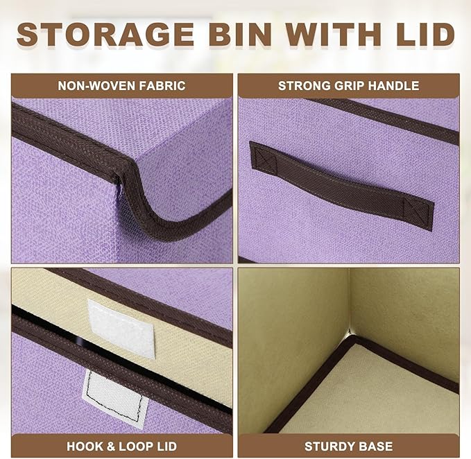 uxcell 2Pcs Storage Bin with Lid Fabric Foldable Box Decorative Storage Boxes with Lids for Keepsake Shelf Closet Nursery Home Bedroom(Purple S &amp L Size)