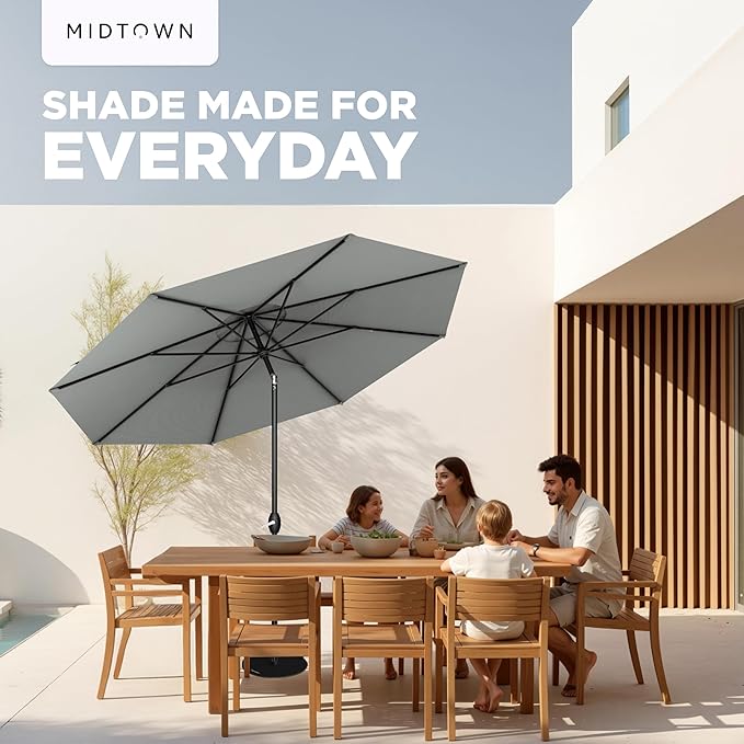 Midtown Umbrellas - 10-Year-No-Fade 6 Ft Patio Umbrella with Terylast Fabric Auto-Tilt Aluminum Frame and 8 Reinforced Ribs for Deck Pool Garden &amp Beach - Grey Canopy Black Pole
