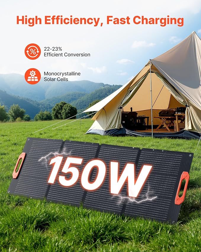 VEVOR 150W Foldable Monocrystalline Solar Panel 23% Efficiency Portable ETFE Mono Solar Panel Charger with MC4 Output Type-C QC3.0 USB &amp DC Ports IP67 Waterproof for Power Stations Camping Hik