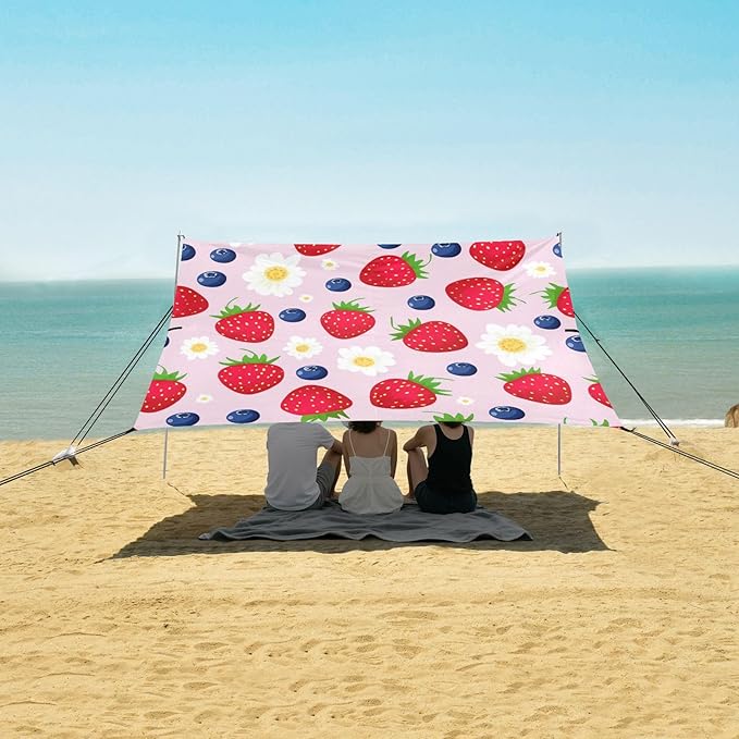 xigua Strawberries Beach Tent Sun Shelter with Carrying Bag - Silver Coated Oxford Fabric Beach Canopy for Beach Camping Fishing - Includes Windproof Ropes Sandbags &amp Stakes