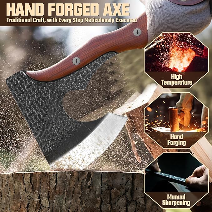 Purple Dragon Camping Hatchet Axe with Sheath - 14 Hand Forged Survival Hatchet for Wood Chopping Splitting &amp Carving Bushcraft Axe for Outdoor &amp Garden Work with Full Tang Wood Handle Men