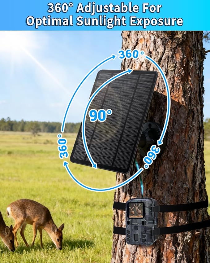 Trail Camera Solar Panel 3W Solar Panel Charger with 5000mAh Battery and 12V/1A 6V/1.5A USB-C &amp DC Port 9.8ft Cable IP65 Waterproof Solar Panel for Trail CameraGame Cameras Hunting Accessory