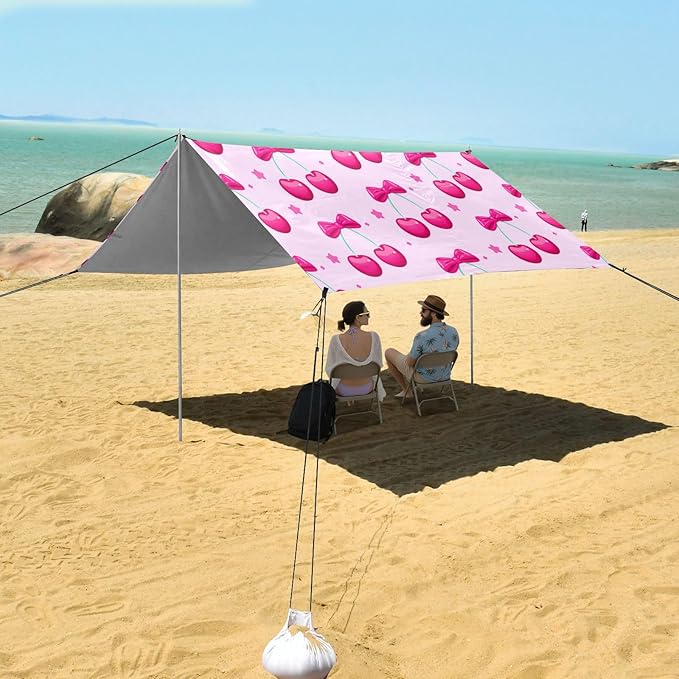 xigua Cherries Beach Tent Sun Shelter with Carrying Bag - Silver Coated Oxford Fabric Beach Canopy for Beach Camping Fishing - Includes Windproof Ropes Sandbags &amp Stakes