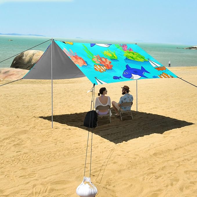 xigua Ocean Beach Tent Sun Shelter with Carrying Bag - Silver Coated Oxford Fabric Beach Canopy for Beach Camping Fishing - Includes Windproof Ropes Sandbags &amp Stakes