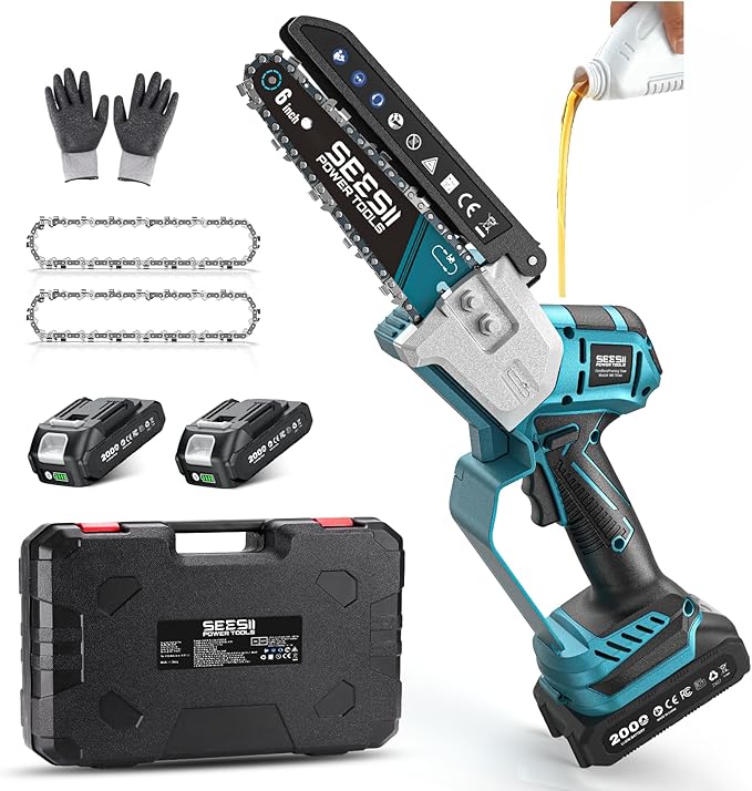 SEESII Brushless Mini Chainsaw 6 Inch Handheld Saw with 2 * 2000 mAh Batteries Cordless Chainsaw with Automatic Oiler Compatible with Makita 18V Battery Electric Saw for Tree Limb Branch Cutter