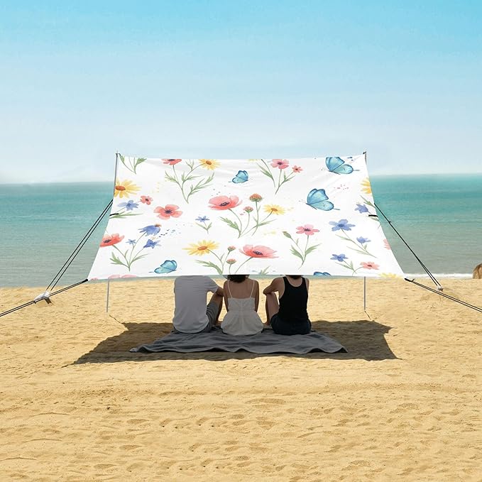 Wildflowers Beach Canopy Sun Shelter with Sandbags &amp Sand Shovel &amp Windproof Ropes - Portable 110x126 Beach Shade Beach Tent for Camping Picnics